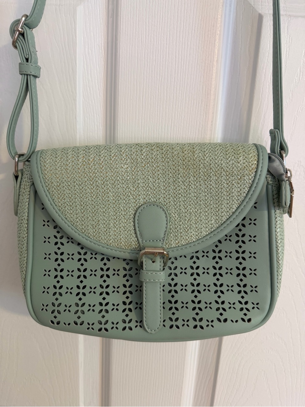 Mint Textured Crossbody Bag with Laser-Cut Front